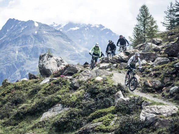 Vier Mountainbiker fahren auf einem felsigen Pfad, umgeben von üppigem Grün, mit schneebedeckten Bergen, die sich majestätisch unter einem bewölkten Himmel im Hintergrund erheben, als würden sie dem größten Treffen der Natur beiwohnen.