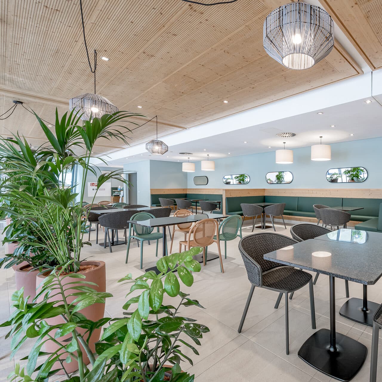 Modernes Café mit großen Topfpflanzen, Holzdecke und einer Mischung aus Tischen und Stühlen; über den Sitzbereichen hängen Pendelleuchten und bieten einen hellen Raum, um außergewöhnliches Kulinarik bei natürlichem Licht zu genießen.