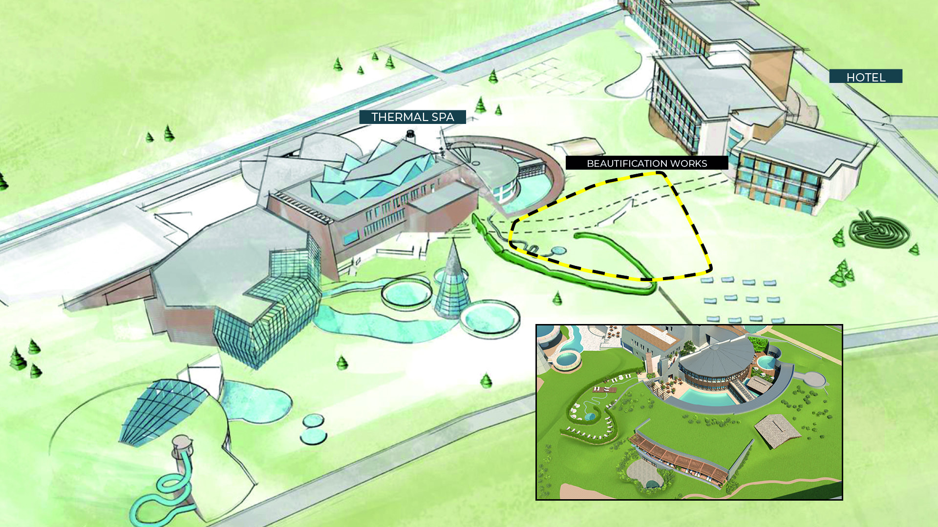 Aerial illustration of a complex featuring a hotel and thermal spa. Highlighted areas indicate beautification works, including a park. Inset shows a detailed view of the landscaping plan.