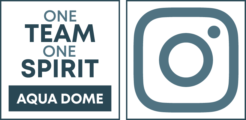 Logobild mit den Worten „One Team One Spirit Aqua Dome“ auf der linken Seite und einem stilisierten Instagram-Symbol auf der rechten Seite.