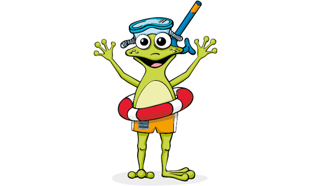 Cartoon-Frosch mit Schwimmbrille und Schnorchel, einem Rettungsring um die Hüfte und orangefarbenen Shorts. Die Hände sind in die Luft gestreckt.