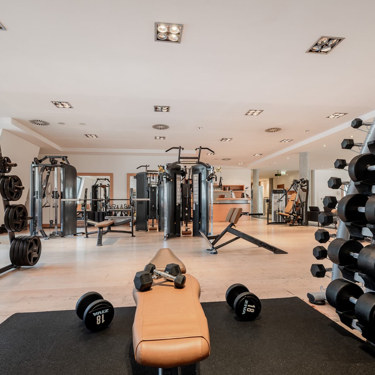 Ein modernes Fitnessstudio mit verschiedenen Trainingsgeräten, Hanteln und Hantelständern. Im Vordergrund steht eine braune Trainingsbank, daneben liegen zwei Hanteln auf dem Boden.