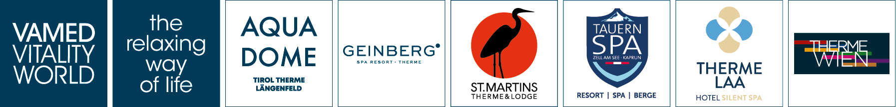 Logos of various spas and resorts: Vamed Vitality World, Aqua Dome, Geinberg, St. Martins, Tauern SPA, Therme Laa, and Therme Wien, with tagline The relaxing way of life.