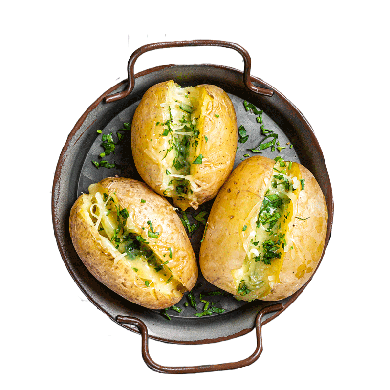 Three baked potatoes on a round metal tray, each split open and filled with melted cheese and chopped herbs.