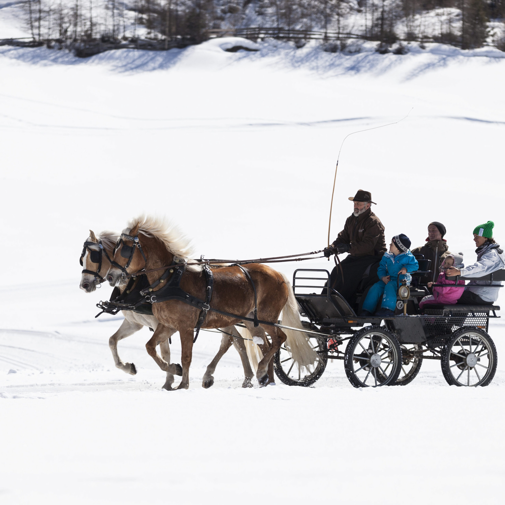 Eine Pferdekutsche fährt durch eine verschneite Landschaft. An Bord befinden sich ein Fahrer und fünf in Winterkleidung eingepackte Passagiere.