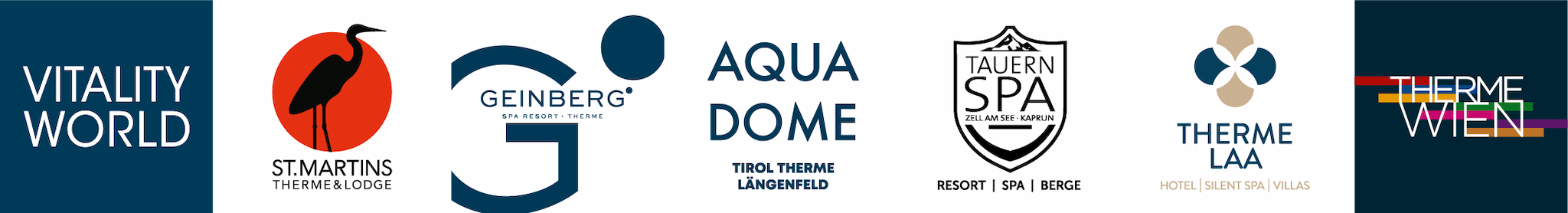 Logos für die Vitality World-Wellnessresorts, darunter St. Martins, Geinberg, Aqua Dome, Tauern Spa, Therme Laa und Therme Wien.