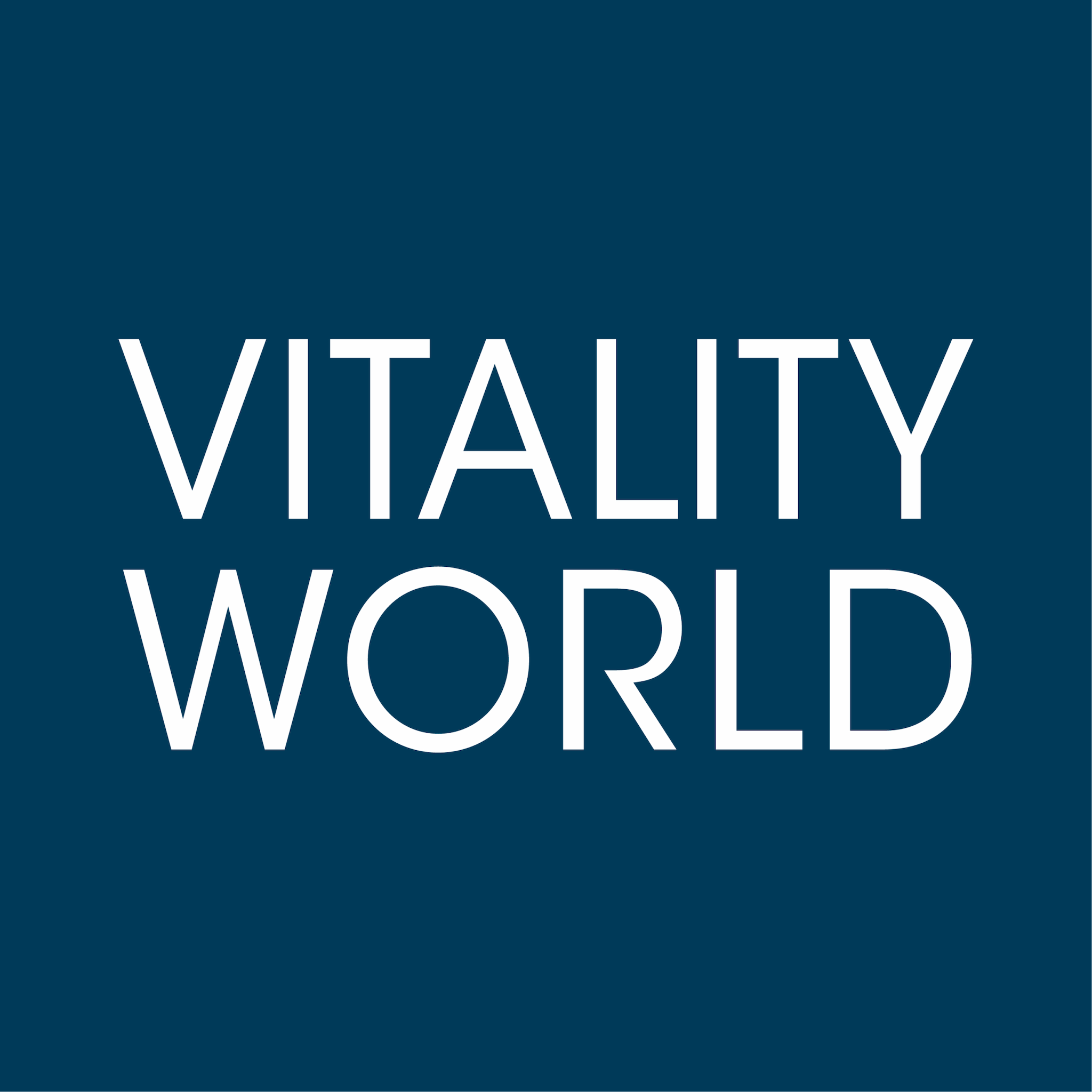 Der Schriftzug VITALITY WORLD in weißer Schrift auf dunkelblauem Hintergrund.